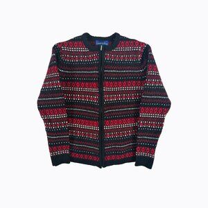 Vintage Fair Isle Black Red Lambswool Cardigan Sweater XS/S Nordic Cozycore Prep